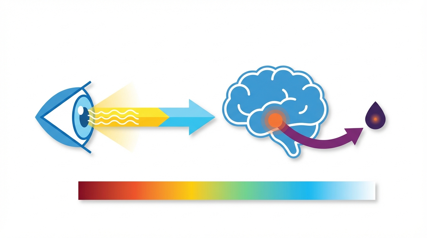 Schéma vectoriel du chemin lumineux : oeil → voies rétiniennes → horloge cérébrale → suppression de la mélatonine (sans texte sur l'image).