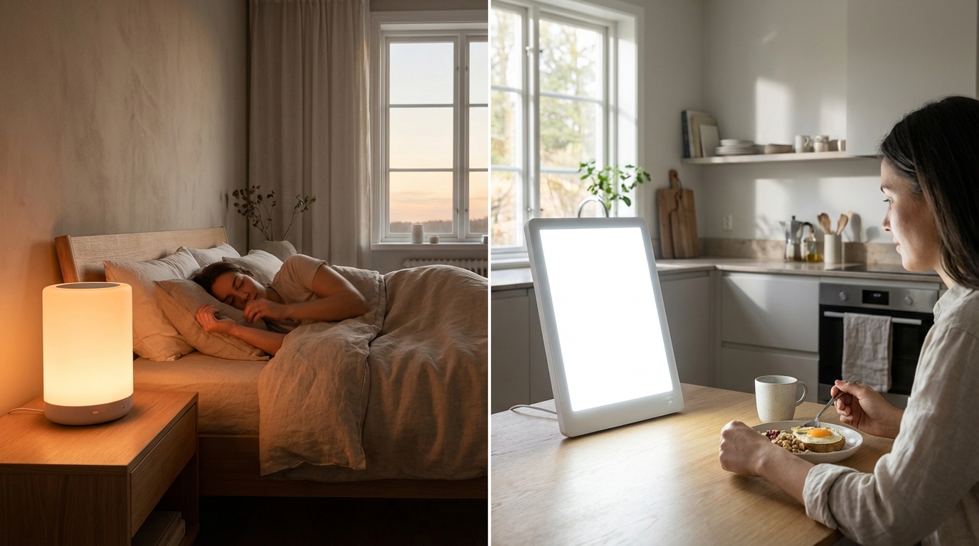 Comparaison visuelle : simulateur d'aube (gauche) vs lampe de luminothérapie (droite).