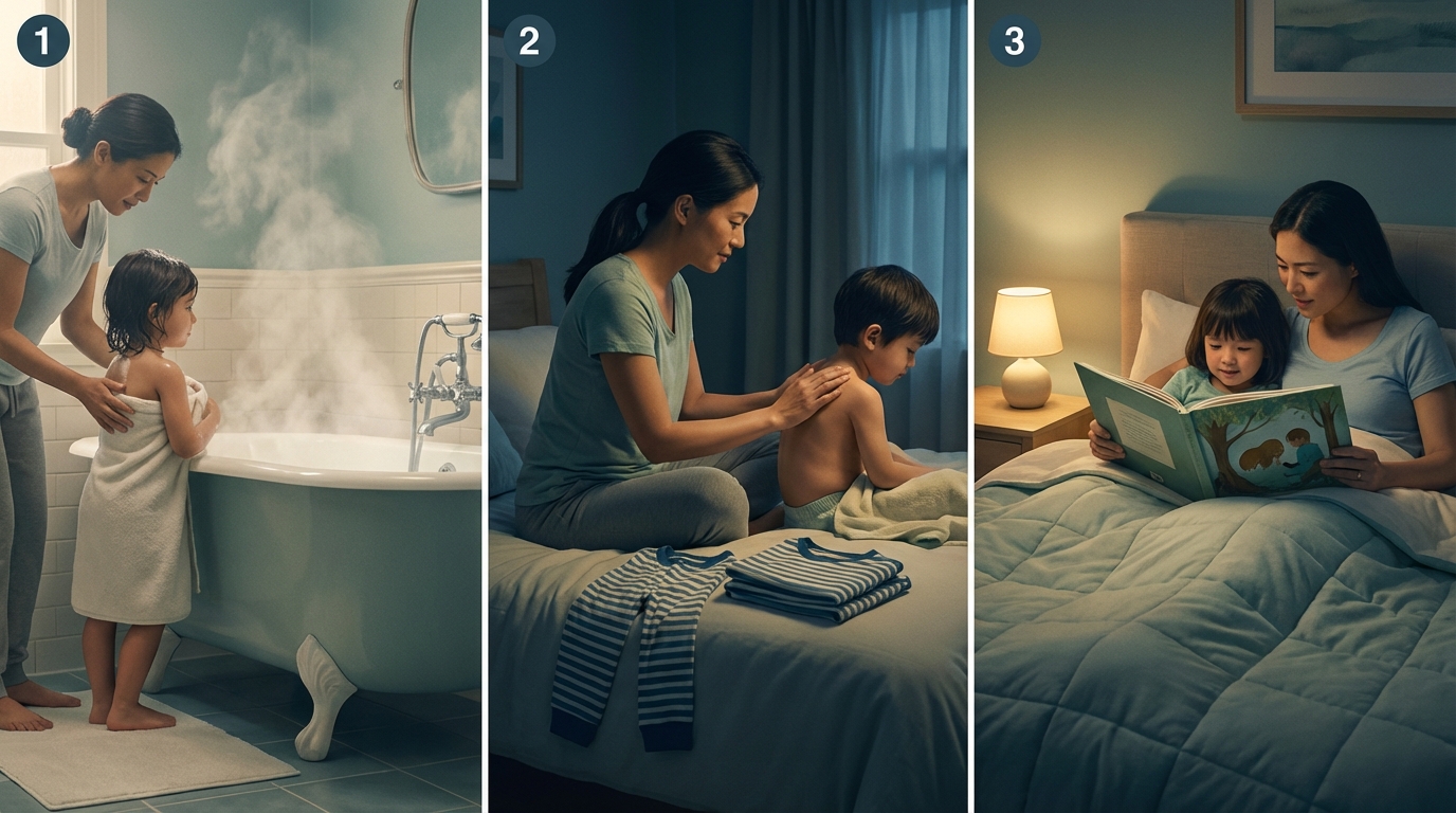 Séquence rituelle du coucher en trois étapes.