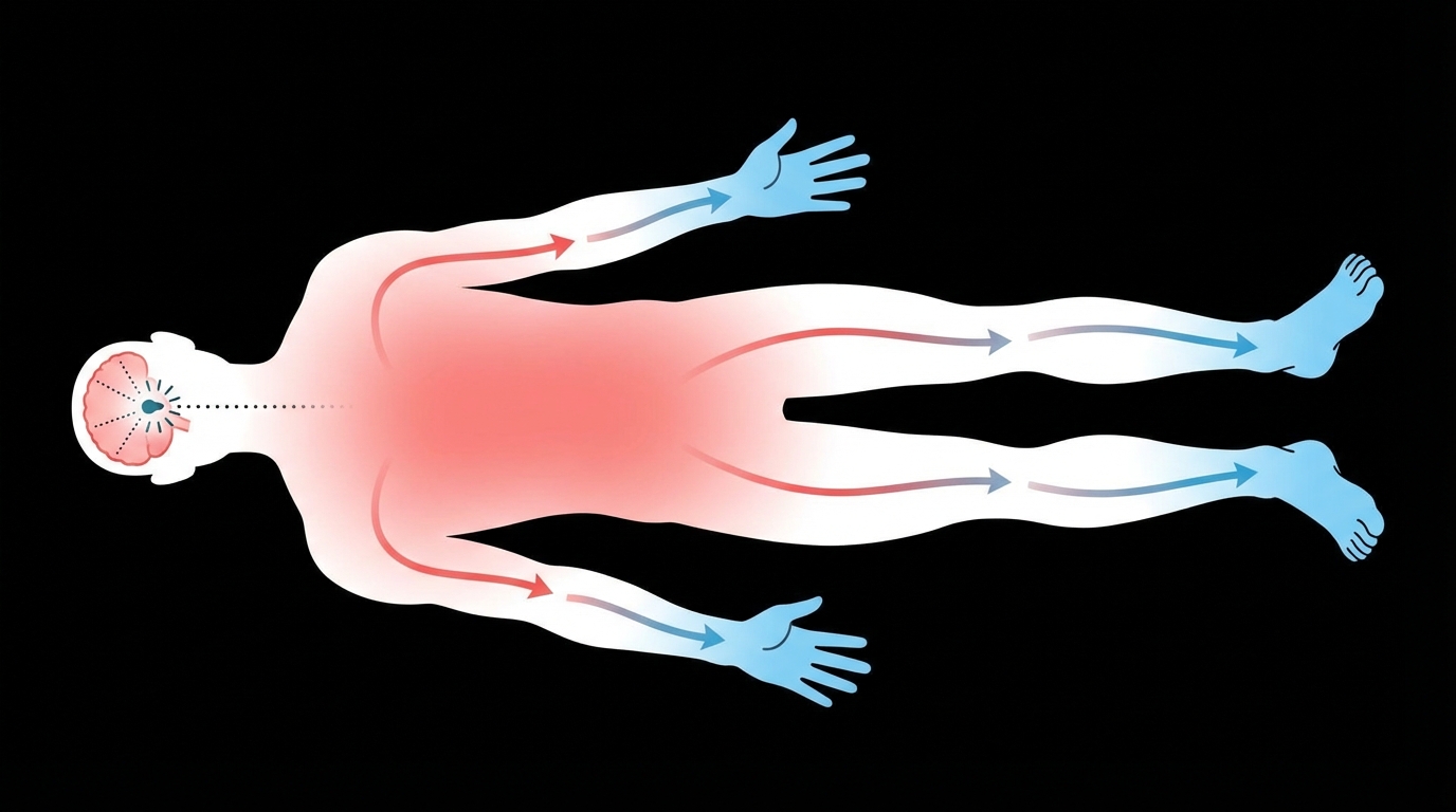 Schéma expliquant la baisse de température corporelle et la dissipation thermique par les extrémités.
