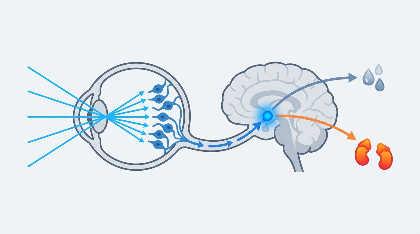 Mécanisme circadien : ipRGC → NSC → mélatonine/cortisol (sans texte).