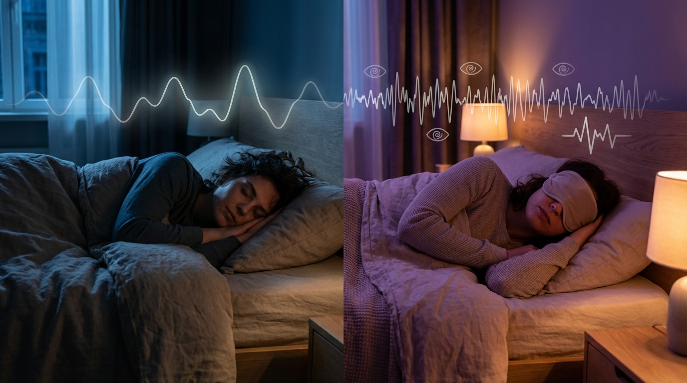 Scène conceptuelle illustrant la transition de sommeil profond vers le sommeil REM au fil de la nuit.