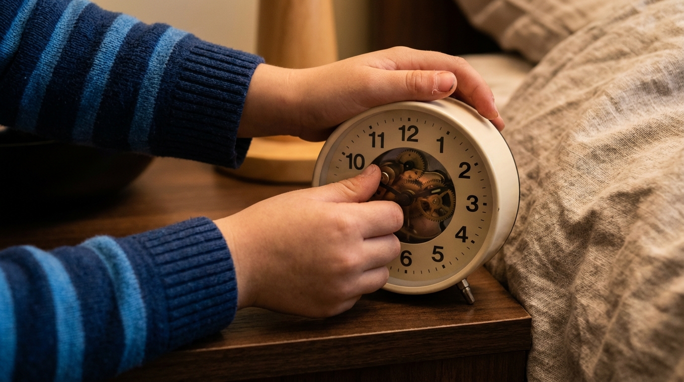 Close-up of older child interacting with an alarm clock