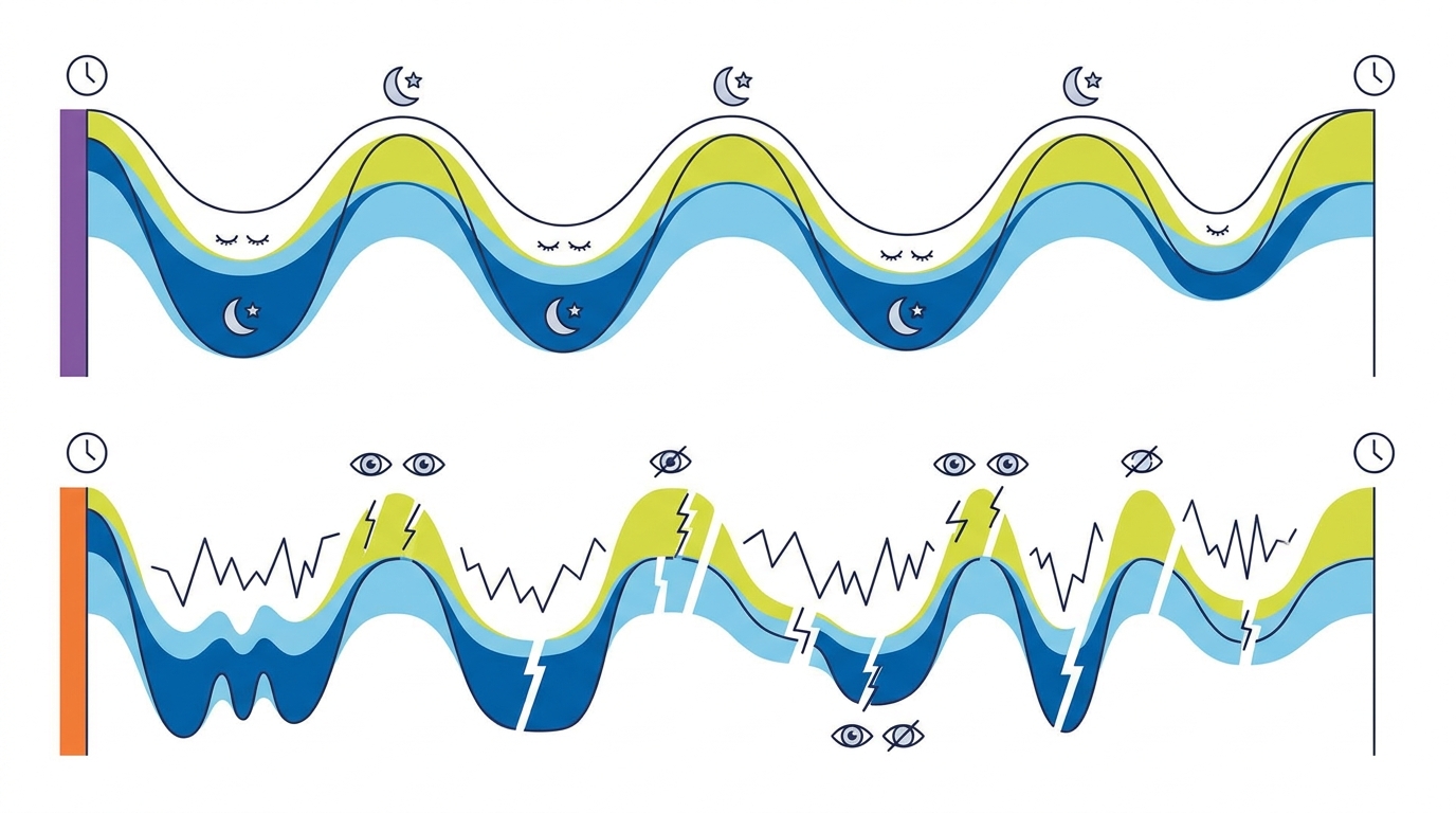 Comparaison NREM/REM : nuits plus fragmentées en lutéal.