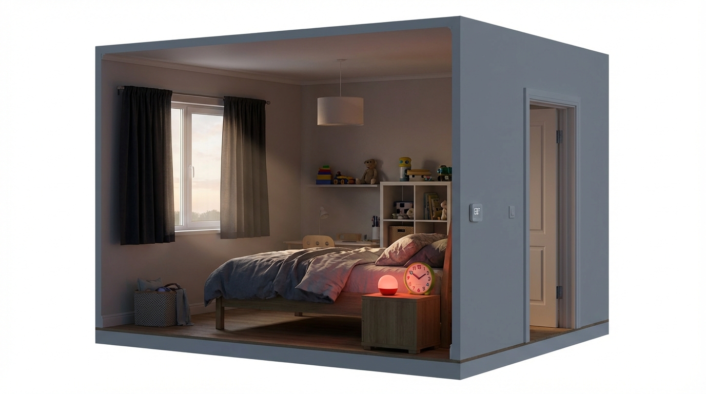 Agencement de la chambre et réglages lumineux favorables au réveil autonome (schéma visuel)