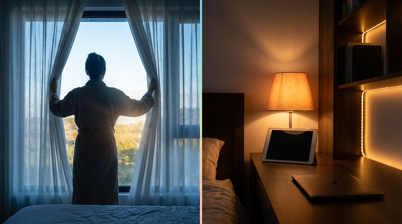 Contraste lumière du jour vs baisse de lumière le soir.
