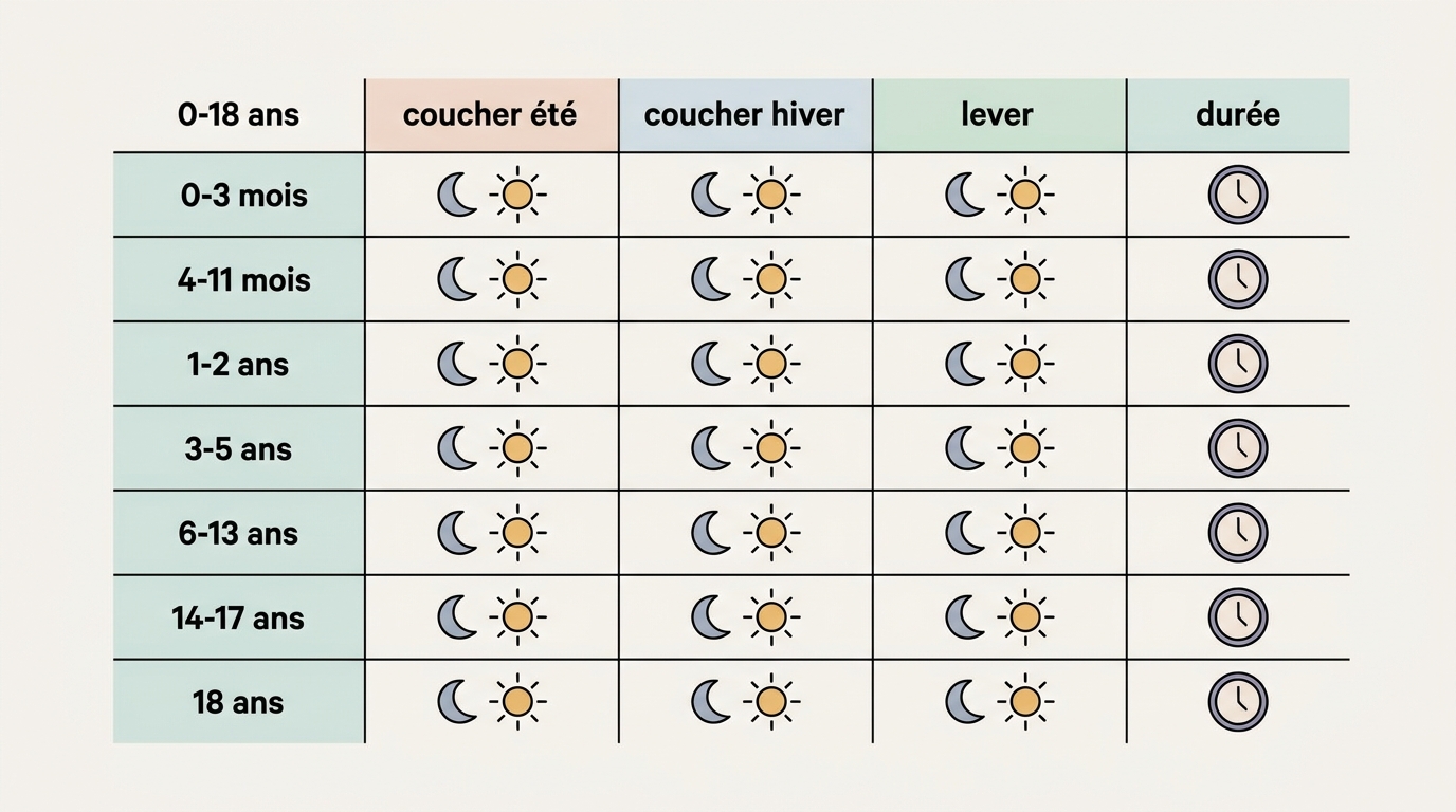 Tableau des heures de coucher par âge : guide pratique 0-18 ans
