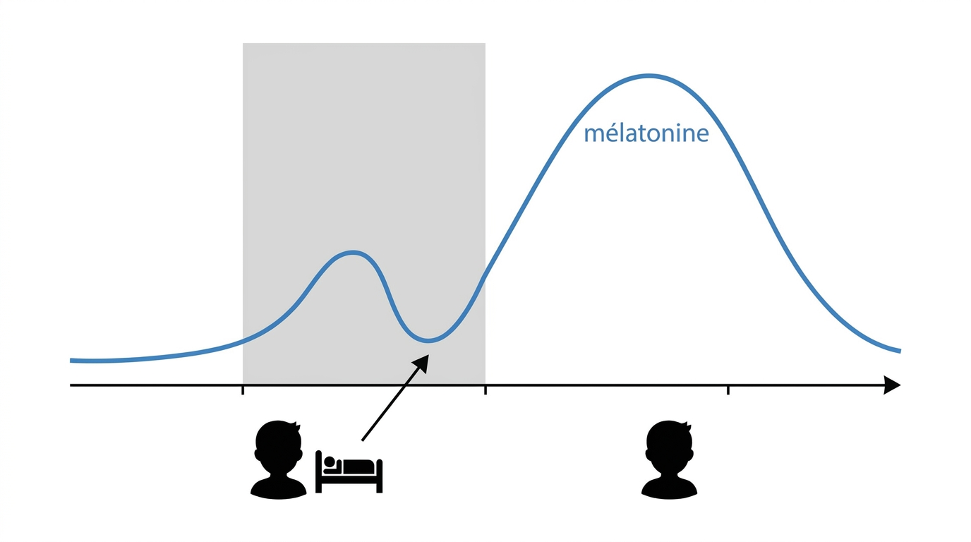 Visualisation du lien mélatonine/heure de coucher et effet des retards.