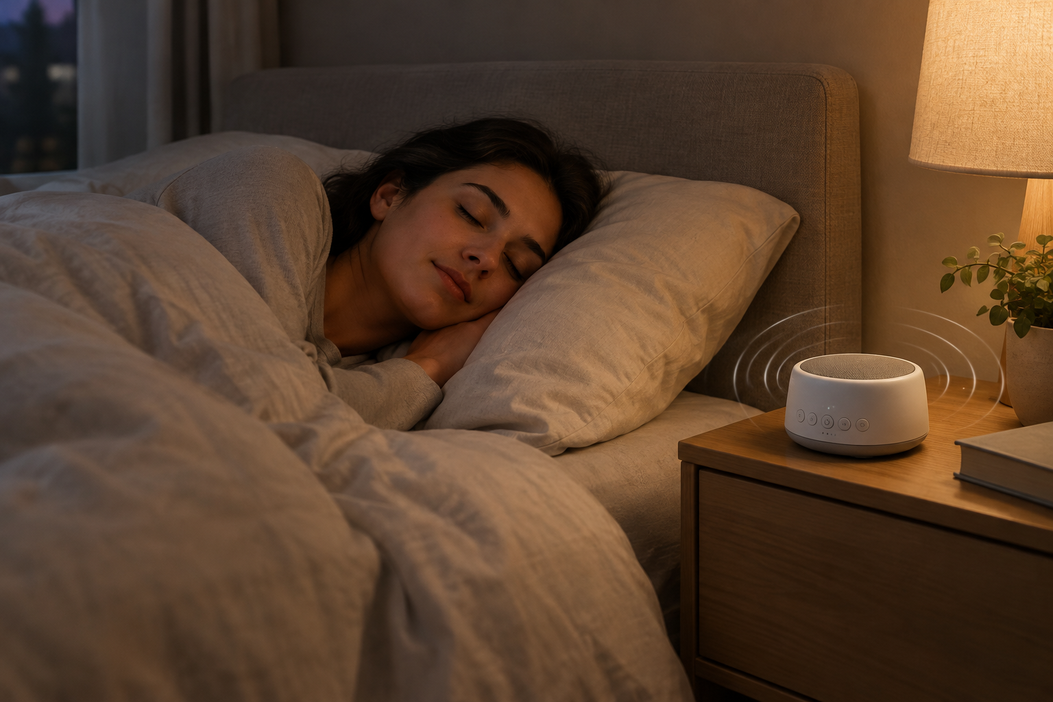 Un appareil à bruit blanc sur une table de chevet pour favoriser le sommeil