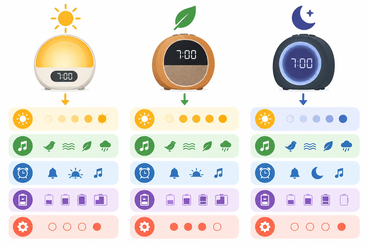 Critères visuels pour comparer plusieurs modèles de réveil.
