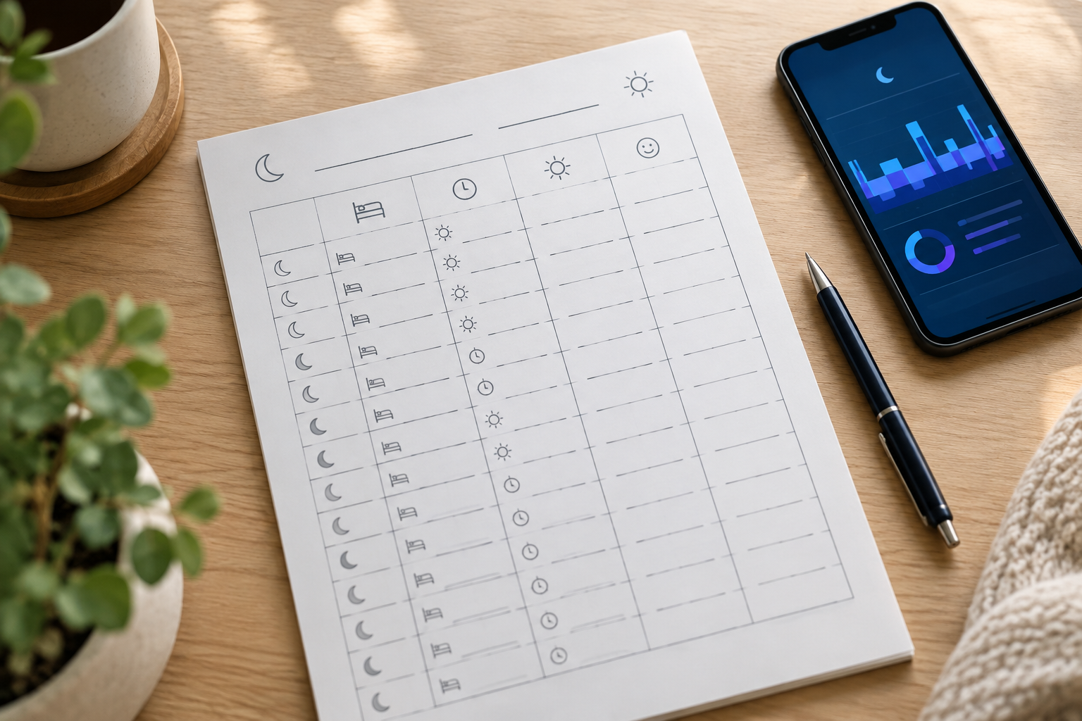 Vue d’ensemble d’un modèle de carnet de sommeil à remplir (sans texte lisible).